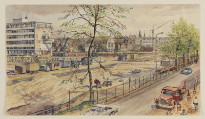 28408 Gezicht op de gedempte stadsbuitengracht bij de Catharijnesingel te Utrecht, de bouwput van het Vredenburg en de ...